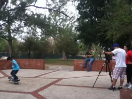 Jose Castillo, skater video shoot, on set at Amelia Earhart Park, 2012